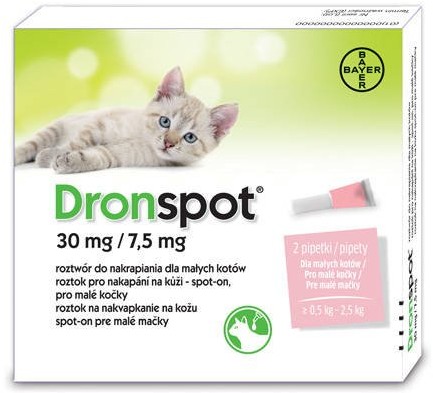 Bayer BAYER Dronspot roztwór do nakrapiania dla małych kotów o masie ciała od 0,5 do 2,5kg 2×0,35ml) 43942-uniw Bayer BAYER Dronspot roztwór do nakrapiania dla małych kotów o masie ciała od 0,5 do 2,5kg 2x0,35ml) 43942-uniw