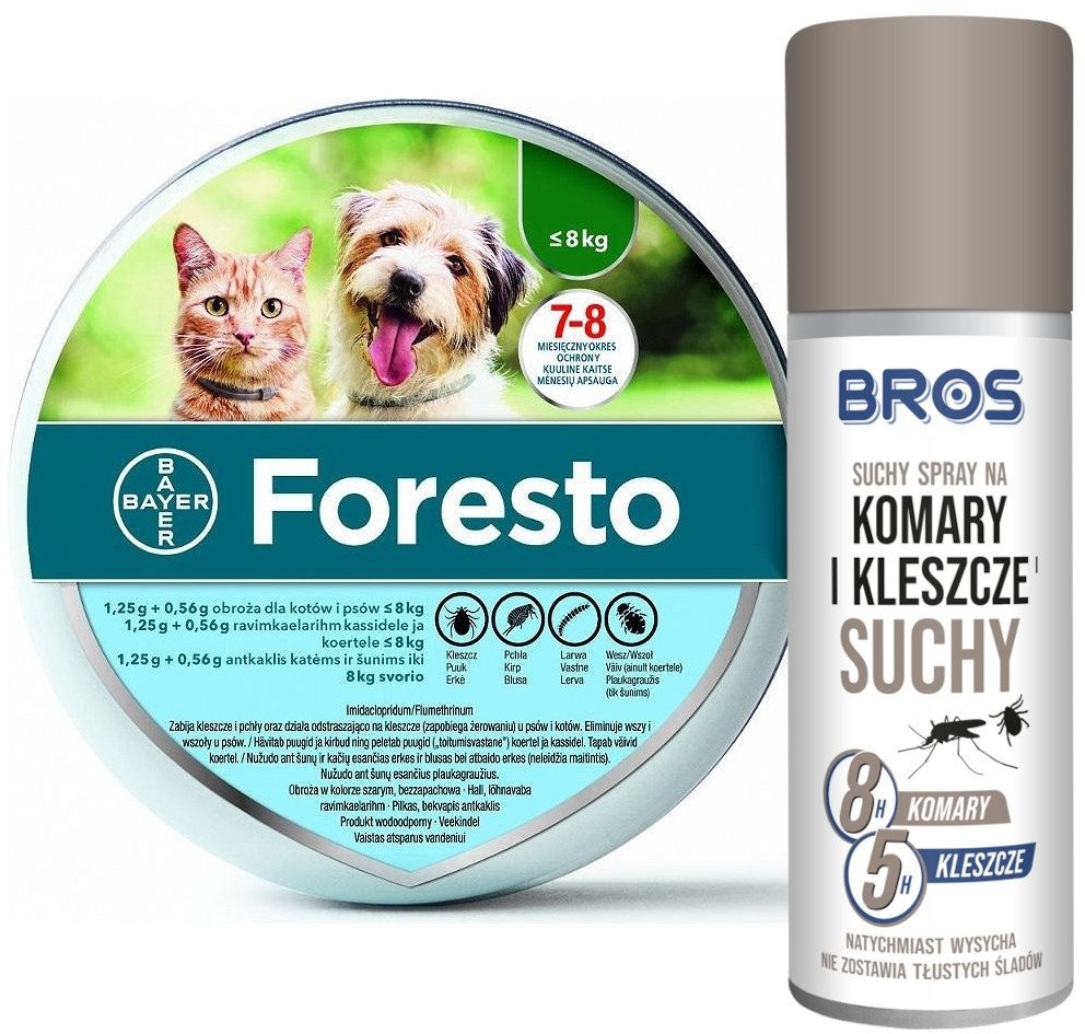 Bayer BAYER Foresto Obroża dla kotów i psów poniżej 8kg+ BROS suchy spray na komary i kleszcze 90ml 46974-uniw Bayer BAYER Foresto Obroża dla kotów i psów poniżej 8kg+ BROS suchy spray na komary i kleszcze 90ml 46974-uniw