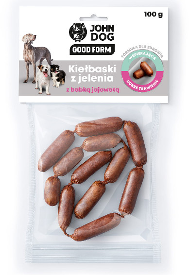 John Dog John Dog Kiełbaski z jeleniem i kurkumą wspierające odporność 100g John Dog John Dog Kiełbaski z jeleniem i kurkumą wspierające odporność 100g