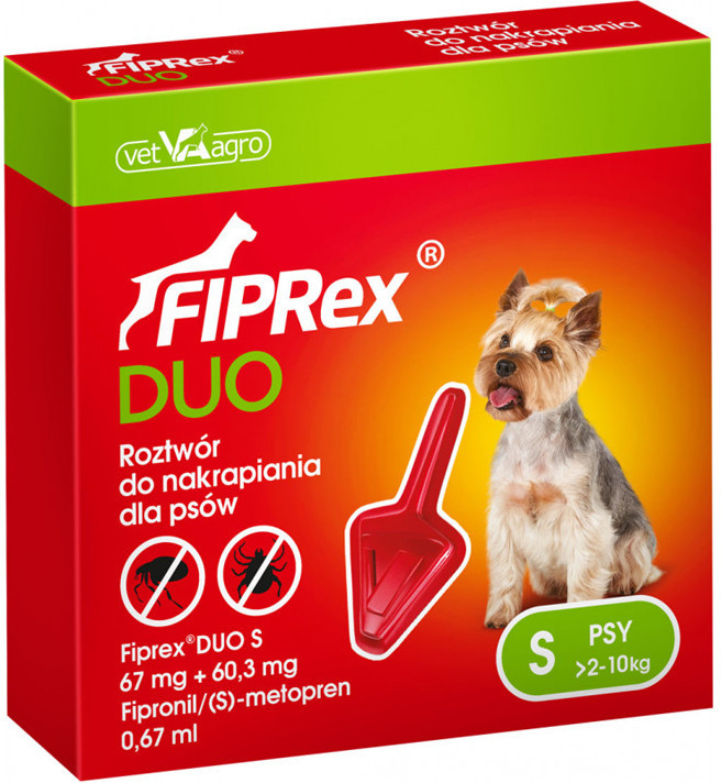 Vet-agro Fiprex Duo S Roztwór Na Pchły I Kleszcze Dla Małych Psów 67 mg + 60,3 mg Vet-agro Fiprex Duo S Roztwór Na Pchły I Kleszcze Dla Małych Psów 67 mg + 60,3 mg