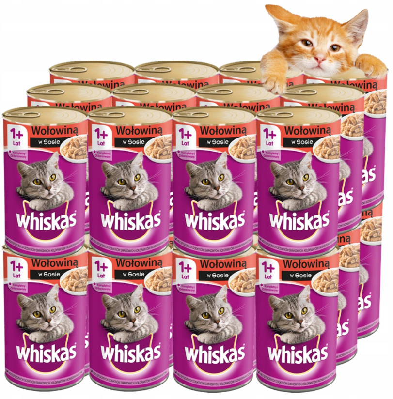 Whiskas mokra karma w puszce dla kota, z wołowiną w sosie - 24 x 400 g